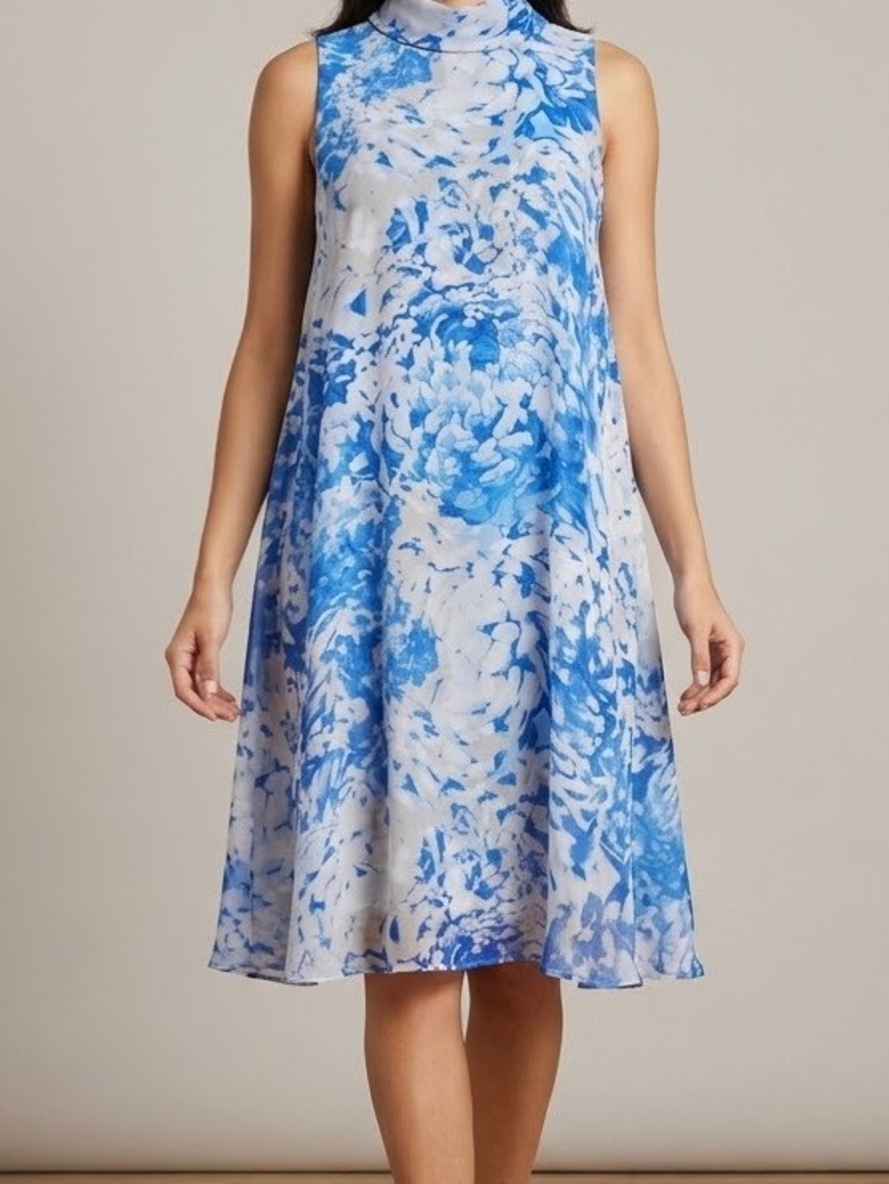Eliza J Blue and White Mock-Neck Floral A-Line Dress